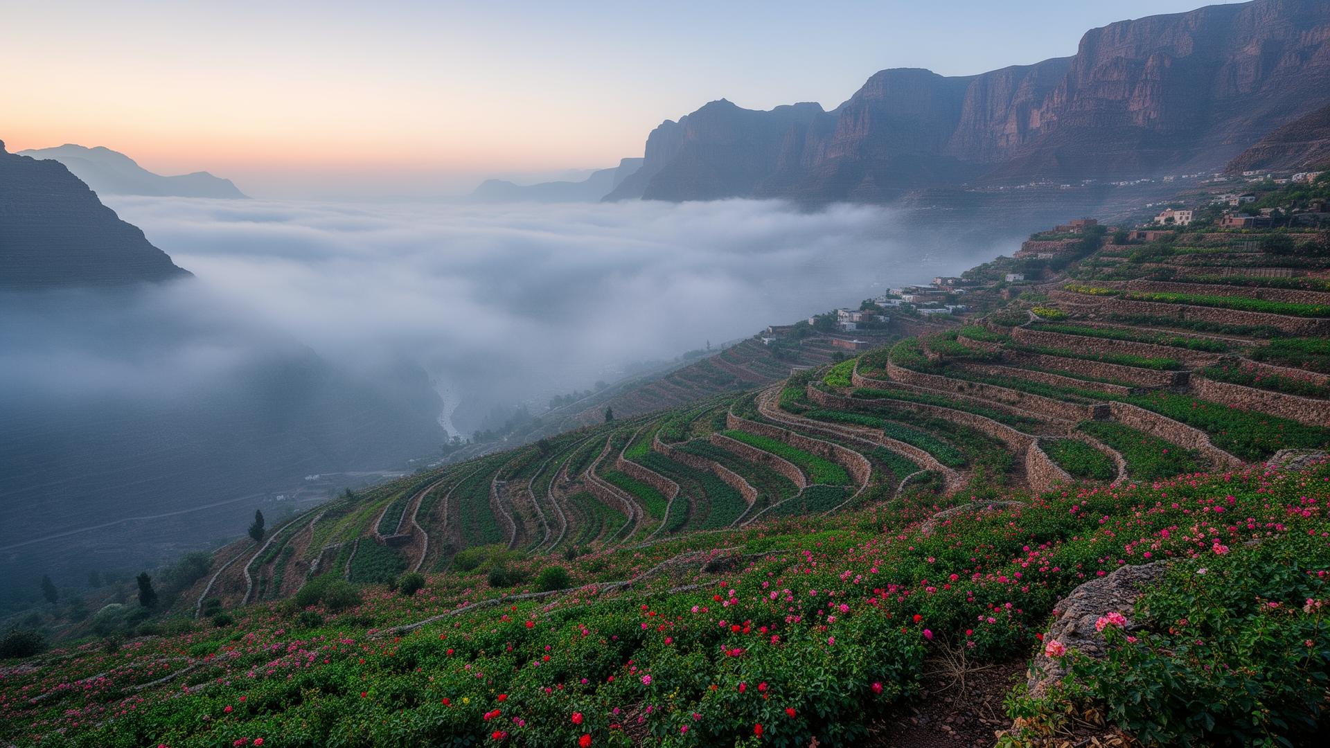 Misty terraced gardens in Jabal Akhdar at dawn